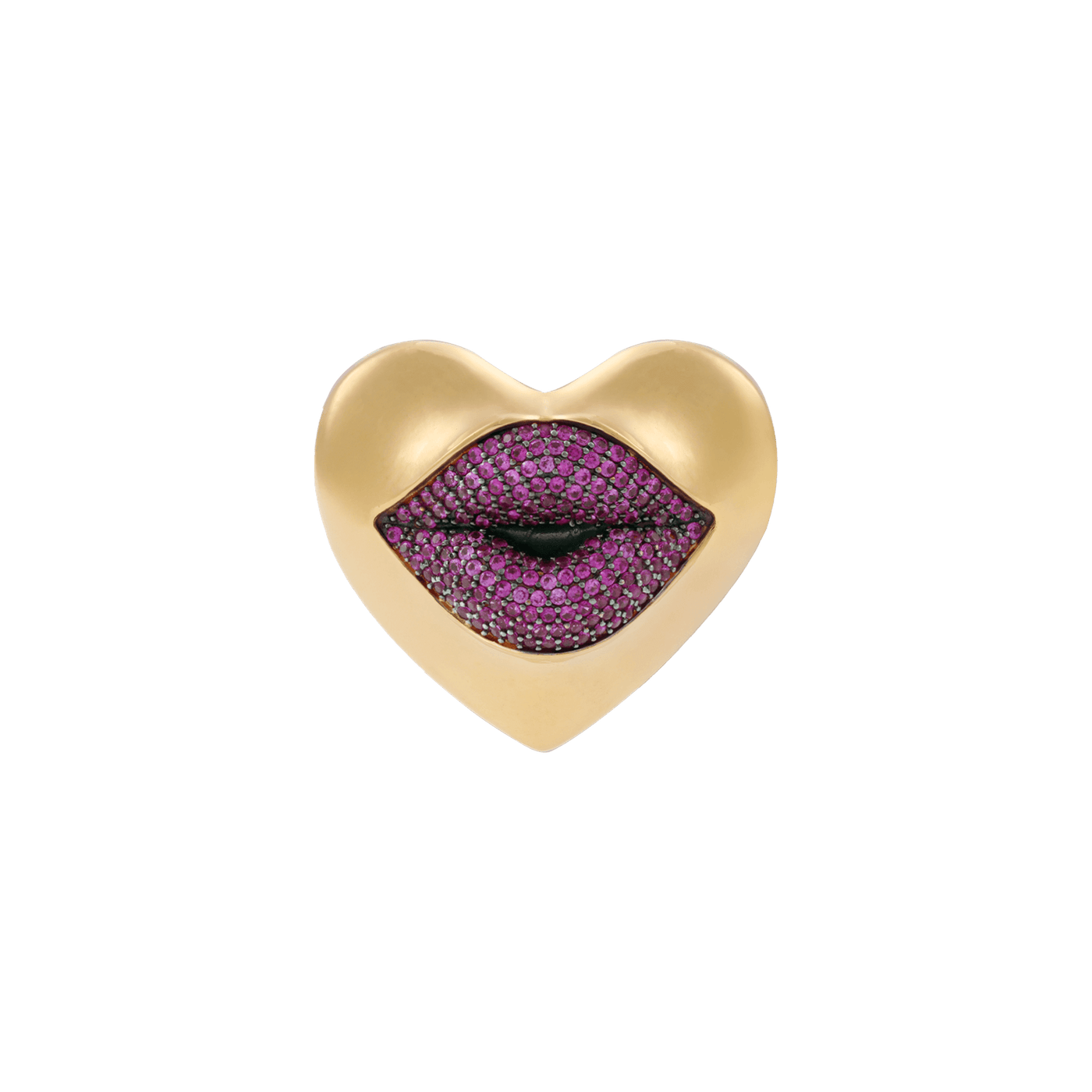 Gold heart-shaped pendant with ruby studded lips