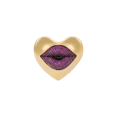Gold heart-shaped pendant with ruby studded lips