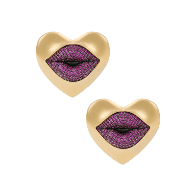 Heart-shaped earrings with purple gemstone 'lips' 