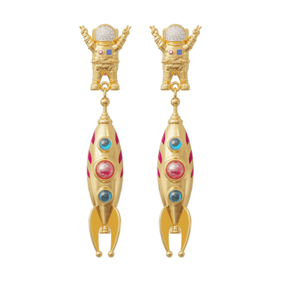Gold spaceship-shaped earrings with spaceship charms