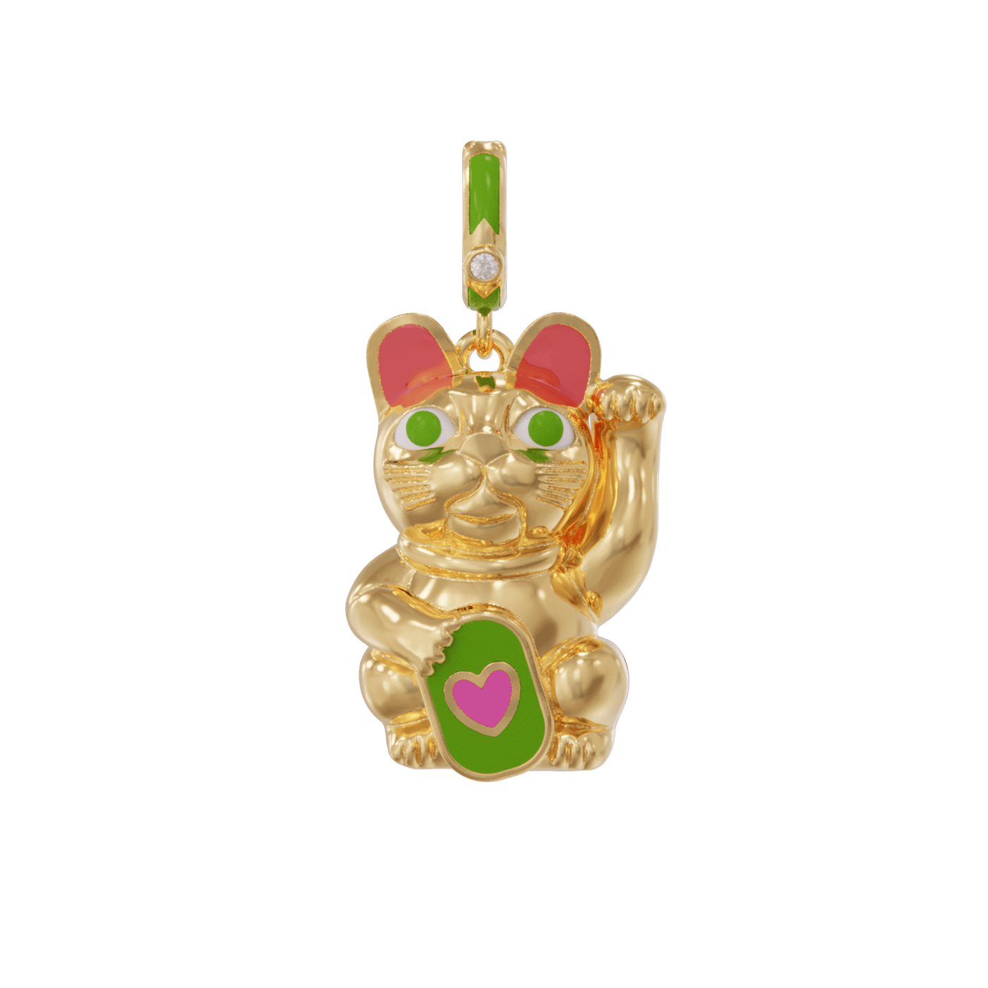 Gold cat-shaped pendant with green and pink accents 