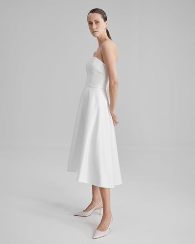 MIA DRESS | strapless midi in white