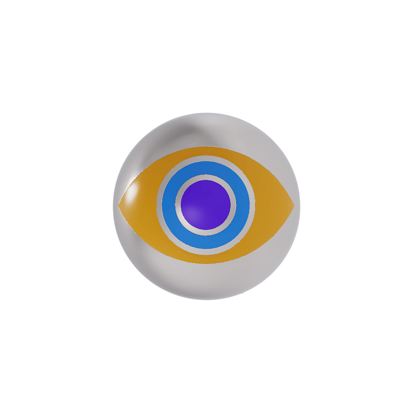 Silver ball earring with eye design featuring yellow, blue, and purple enamel