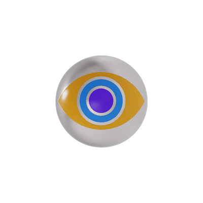 Silver ball earring with eye design featuring yellow, blue, and purple enamel