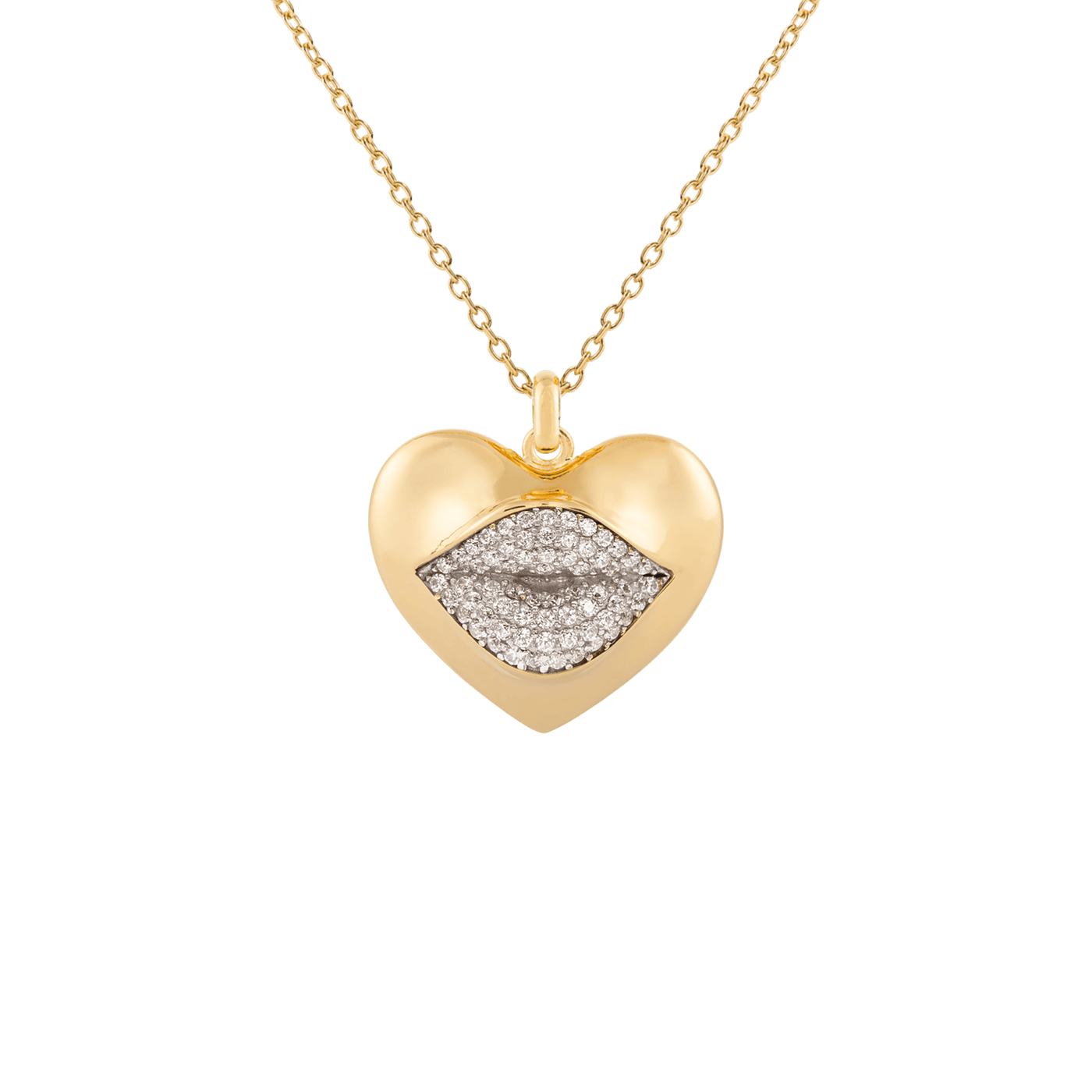 Gold heart-shaped necklace with a diamond-encrusted lip design 