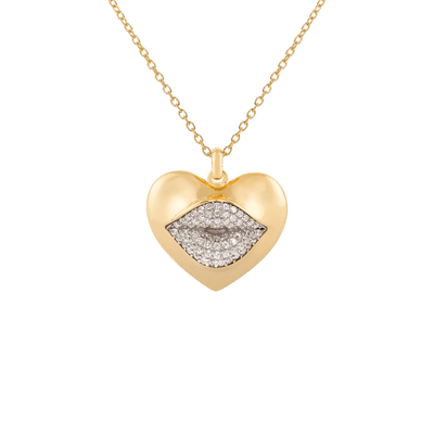 Gold heart-shaped necklace with a diamond-encrusted lip design 