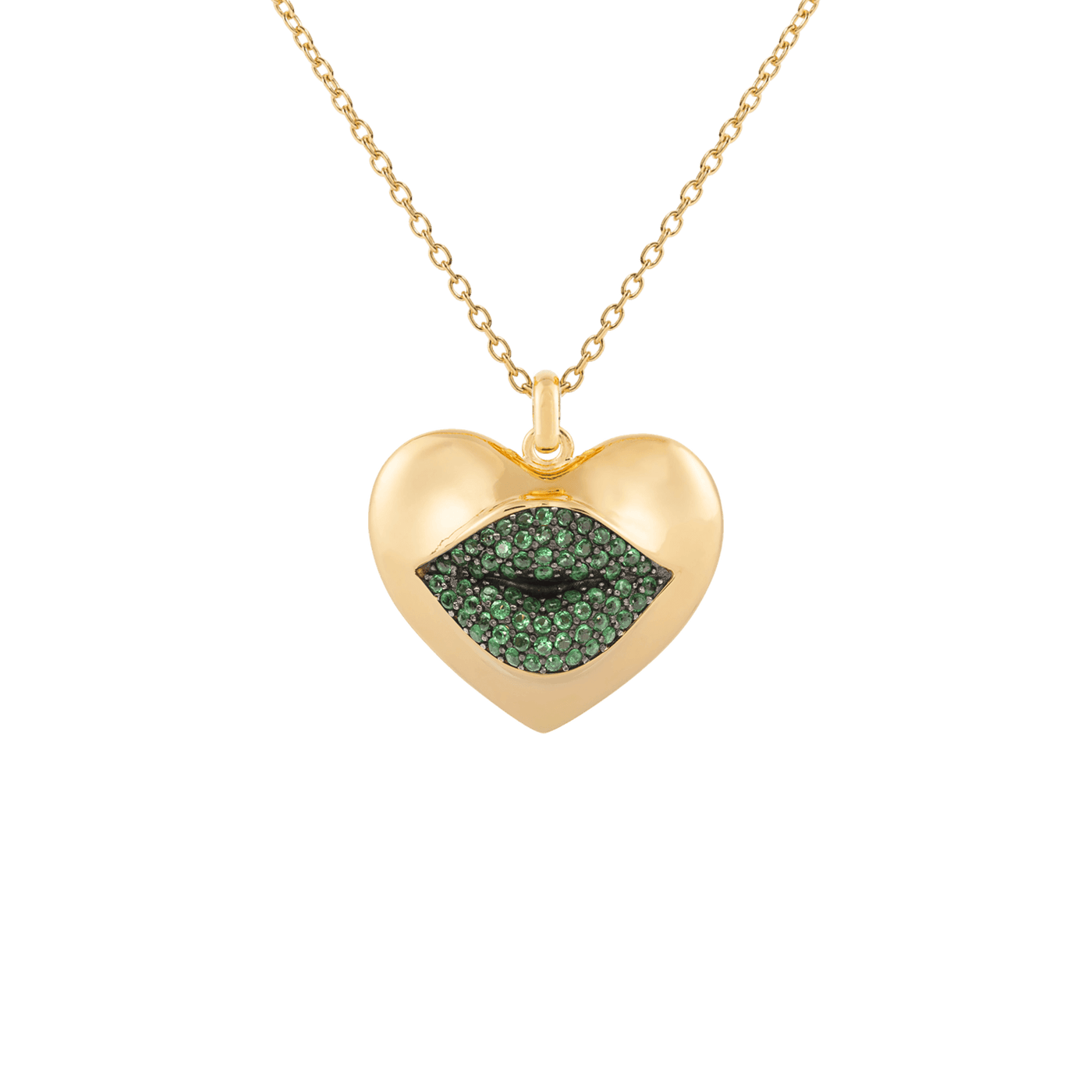 Gold heart-shaped necklace with green lip design