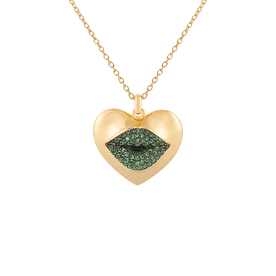 Gold heart-shaped necklace with green lip design