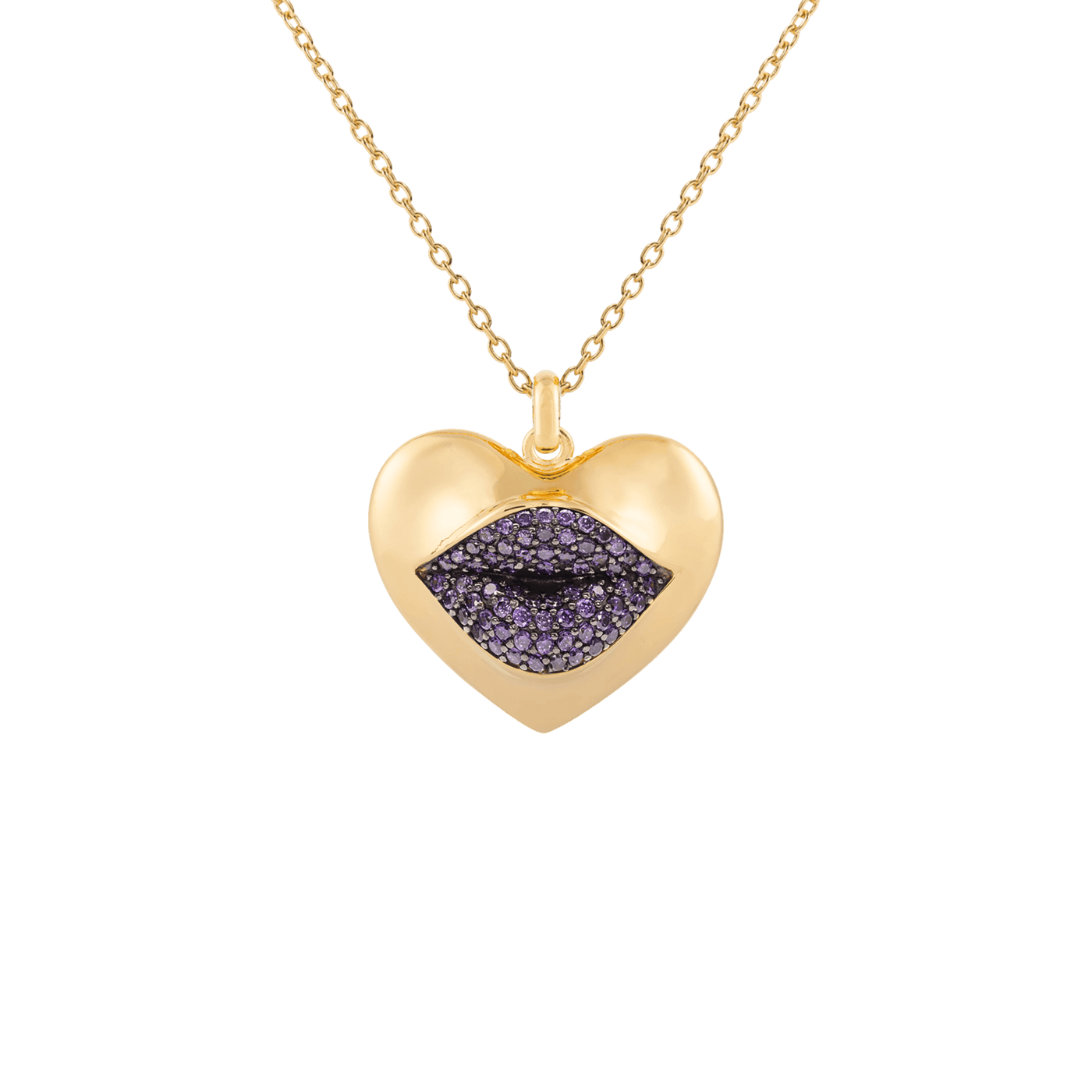 Gold necklace with a heart-shaped pendant featuring purple lip design