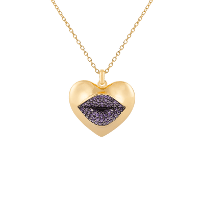 Gold necklace with a heart-shaped pendant featuring purple lip design