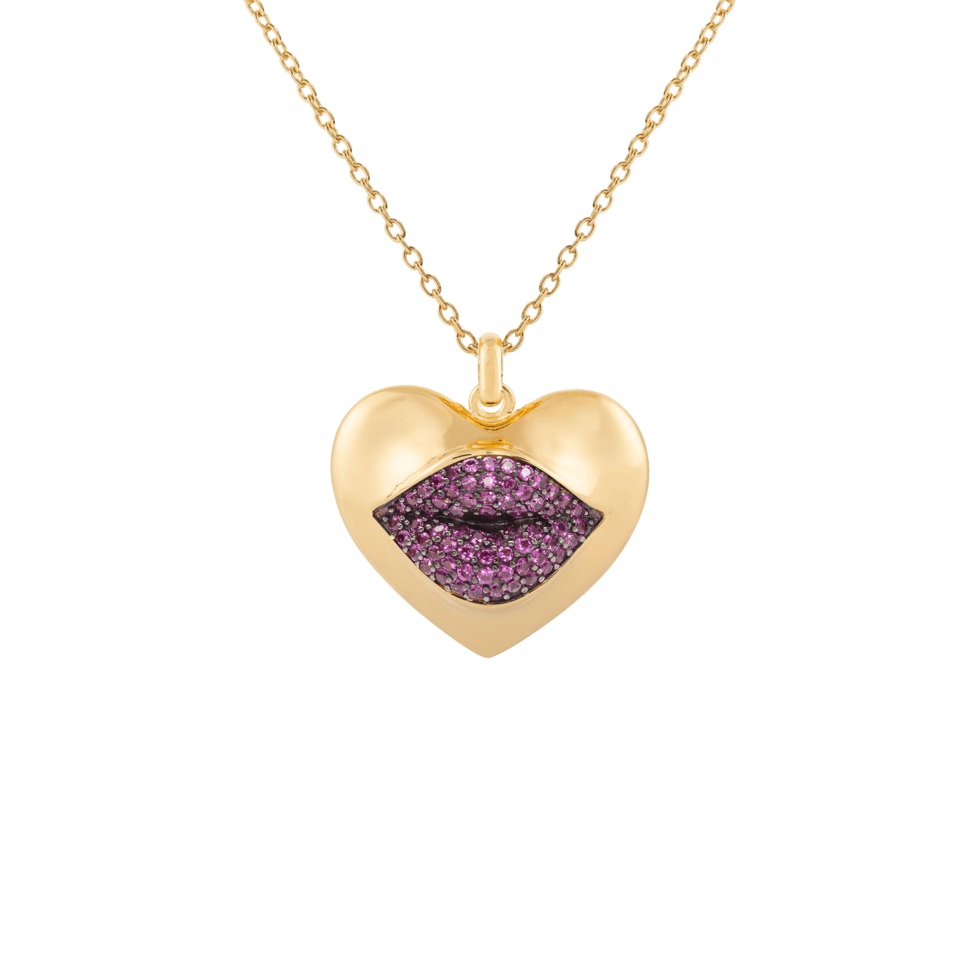 Gold necklace with a heart-shaped pendant featuring red lip design 