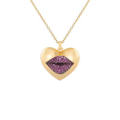 Gold necklace with a heart-shaped pendant featuring red lip design 