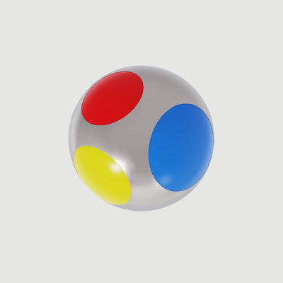 A single mini polka dot earring with red, blue, and yellow enamel dots, rhodium plated