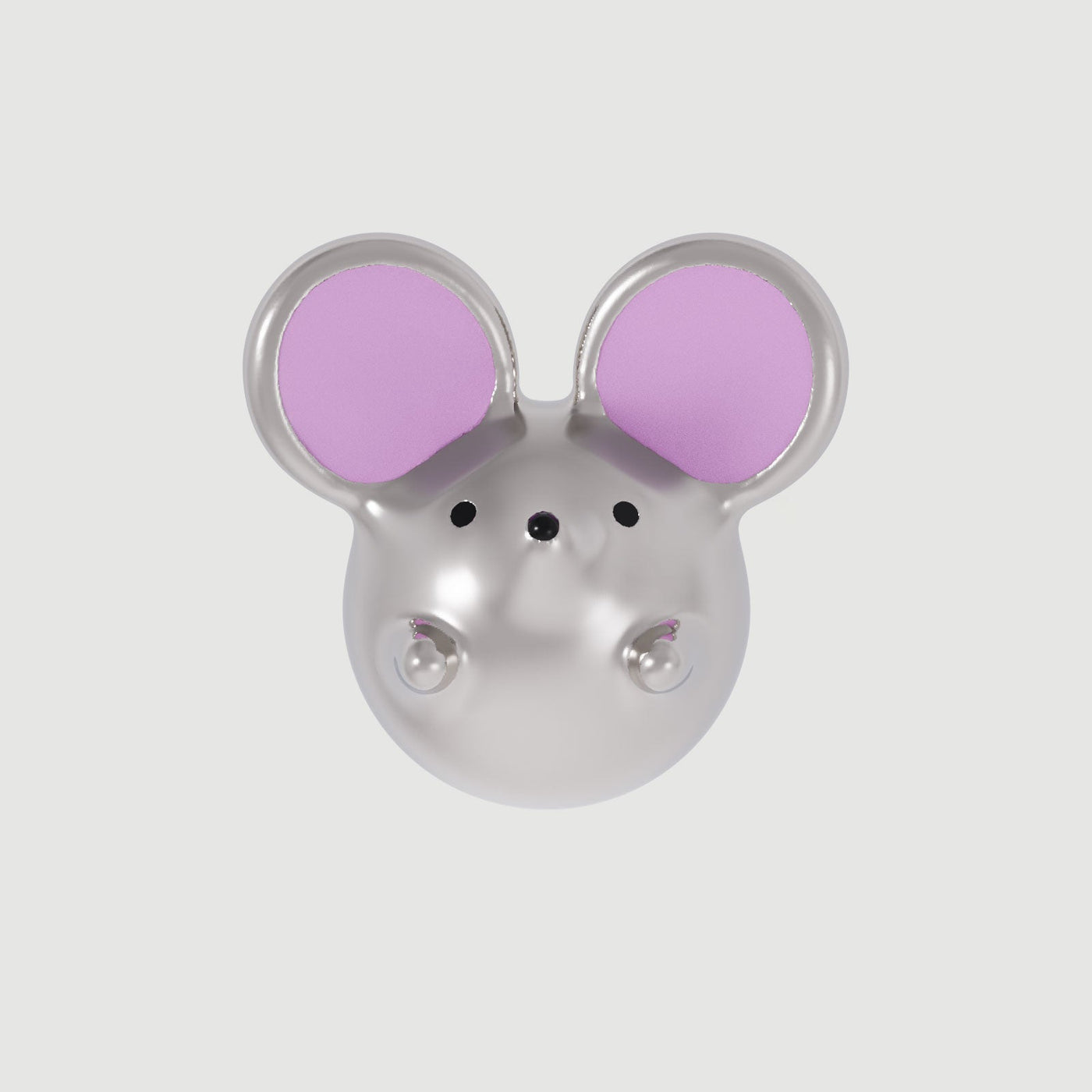 A silver-colored mouse-shaped earring with white rhodium and enamel details, featuring large pink ears.