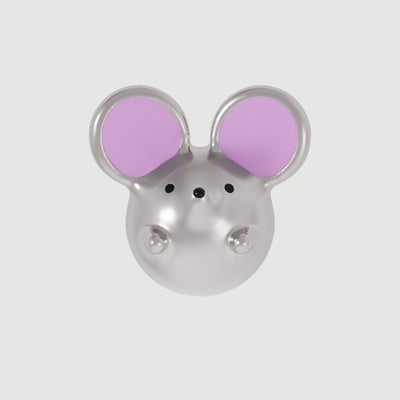 A silver-colored mouse-shaped earring with white rhodium and enamel details, featuring large pink ears.