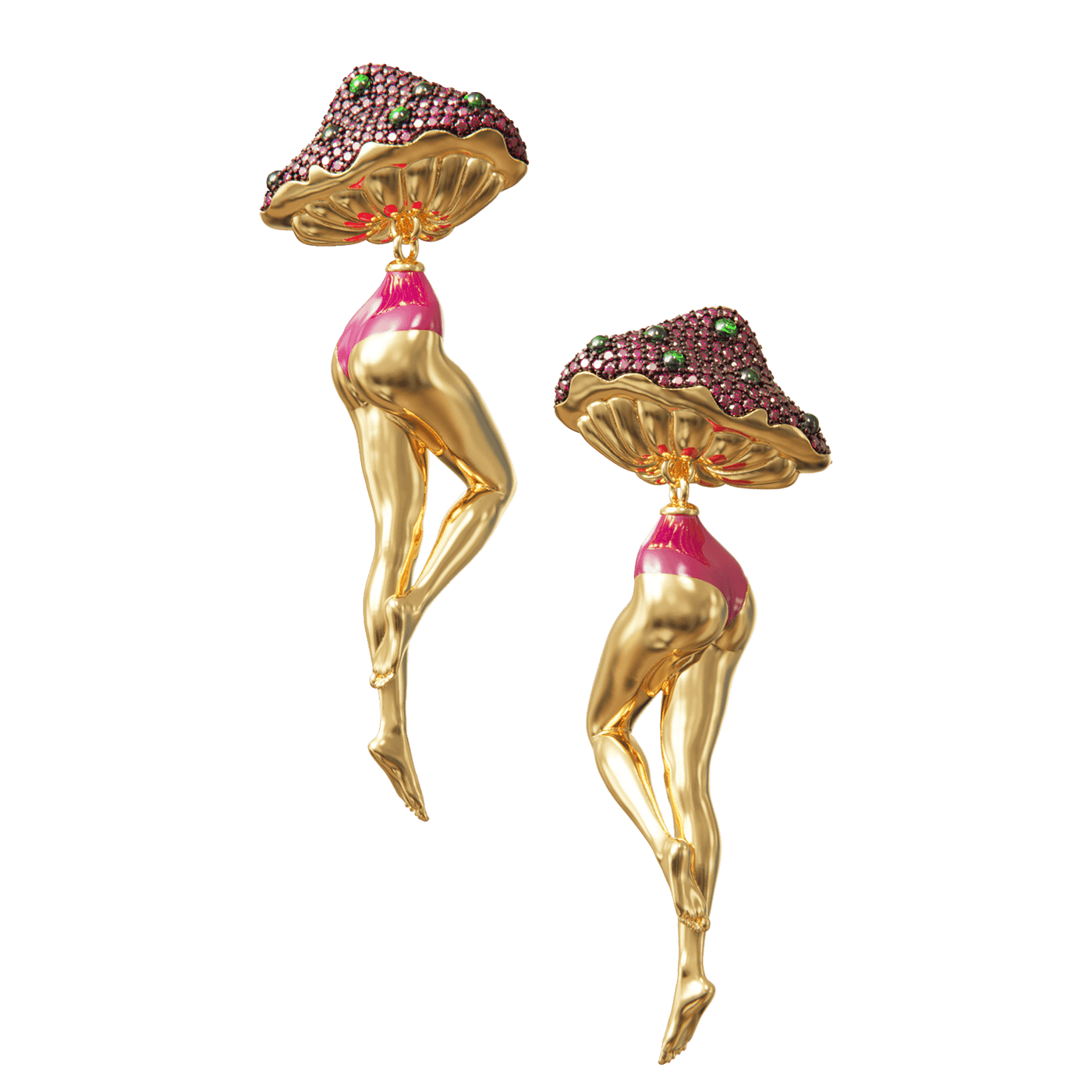 Gold and pink earrings shaped like msuhrooms and dancing women 
