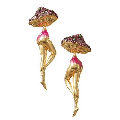 Gold and pink earrings shaped like msuhrooms and dancing women 