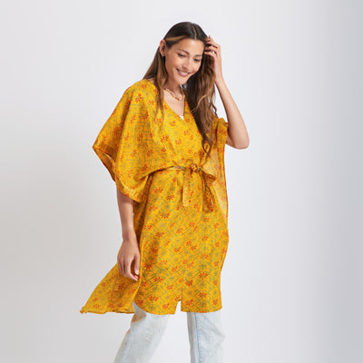 Neem - Vintage Silk Sari Tumeric Geo Print Kimono Style Wrap Dress