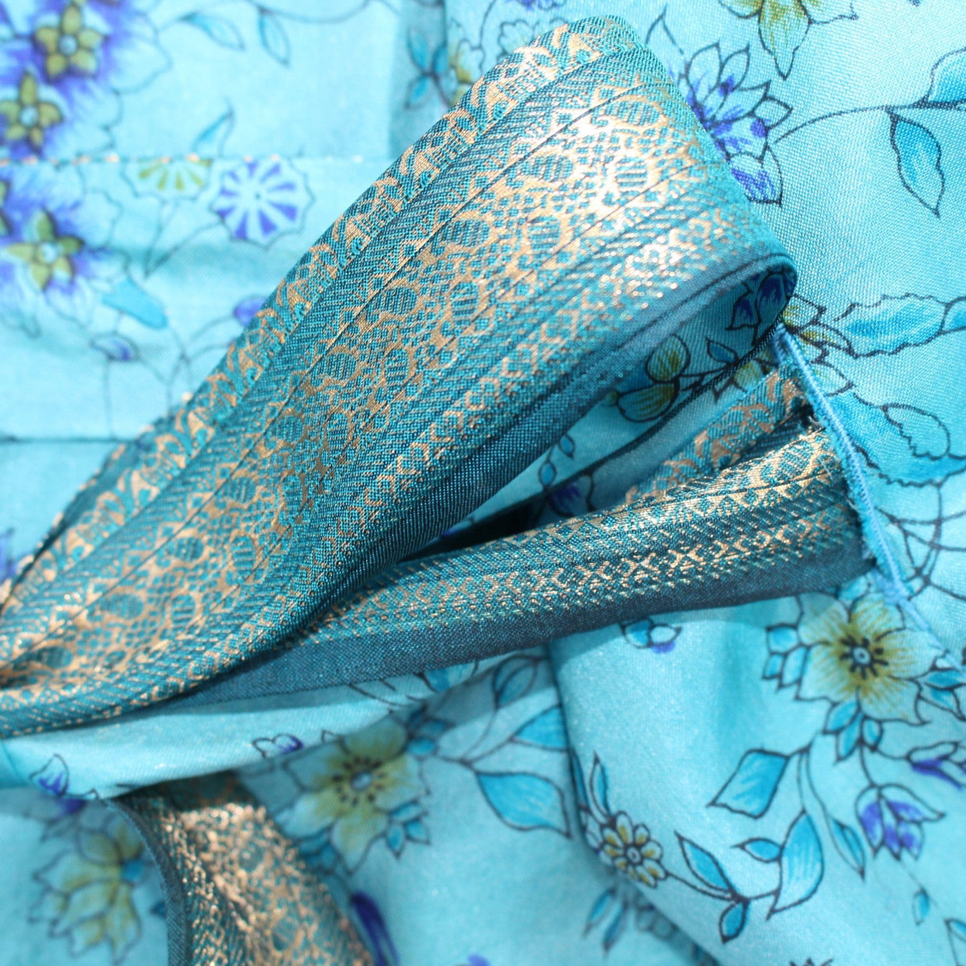 Neem - Vintage Silk Sari Aquamarine Floral Kimono Style Wrap Dress close up