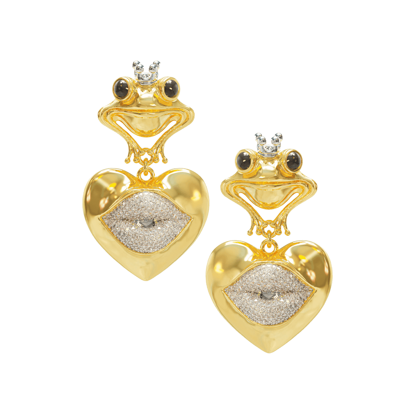 Gold frog-shaped earrings with heart designs on a teal background