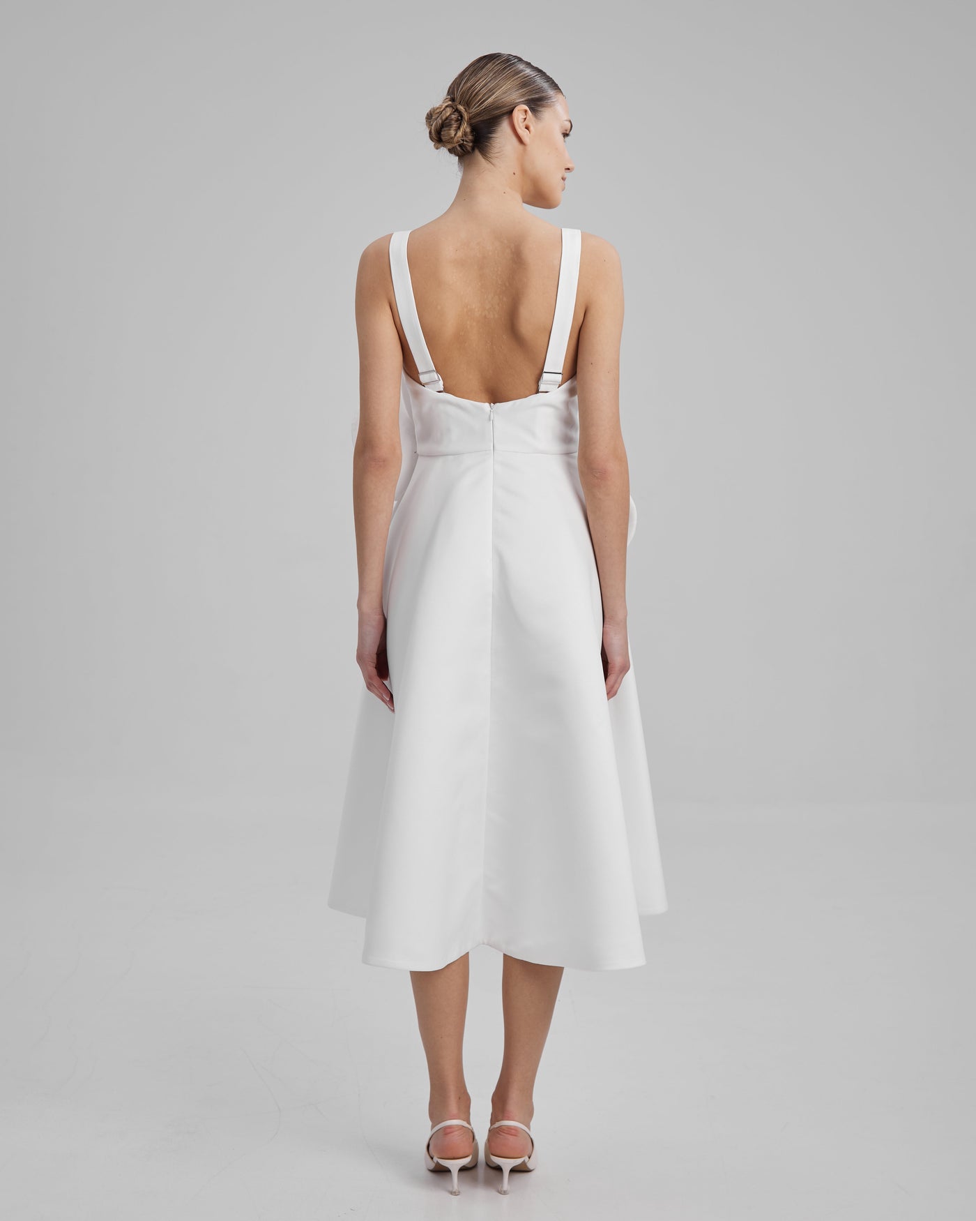 RUBY DRESS + FLOWER | square neckline A line midi in white