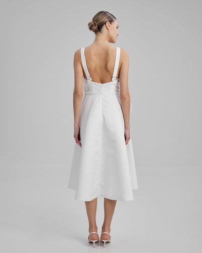RUBY DRESS + FLOWER | square neckline A line midi in white