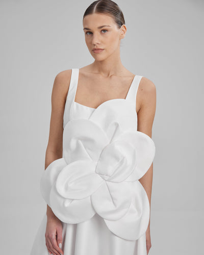RUBY DRESS + FLOWER | square neckline A line midi in white