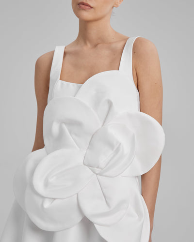 RUBY DRESS + FLOWER | square neckline A line midi in white