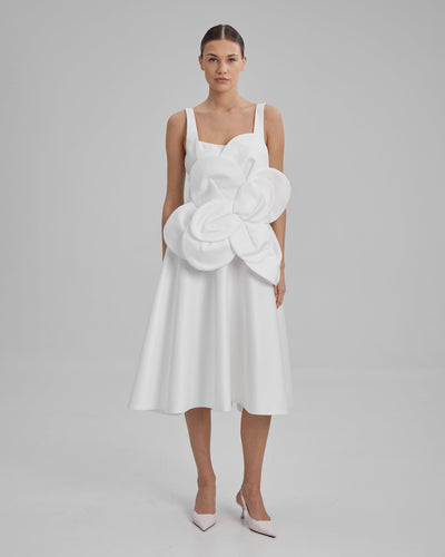 RUBY DRESS + FLOWER | square neckline A line midi in white