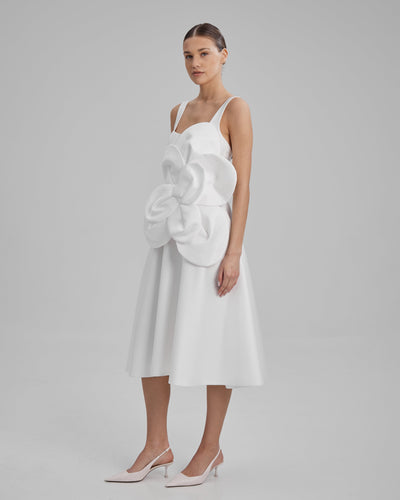 RUBY DRESS + FLOWER | square neckline A line midi in white