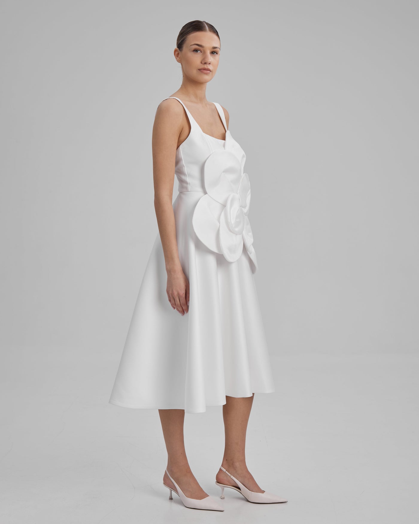 RUBY DRESS + FLOWER | square neckline A line midi in white