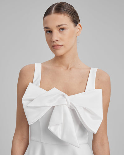 RUBY DRESS + SMALL BOW | square neckline A line midi in white