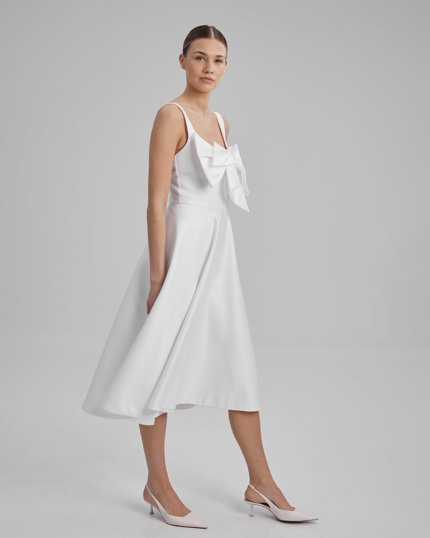 RUBY DRESS + SMALL BOW | square neckline A line midi in white