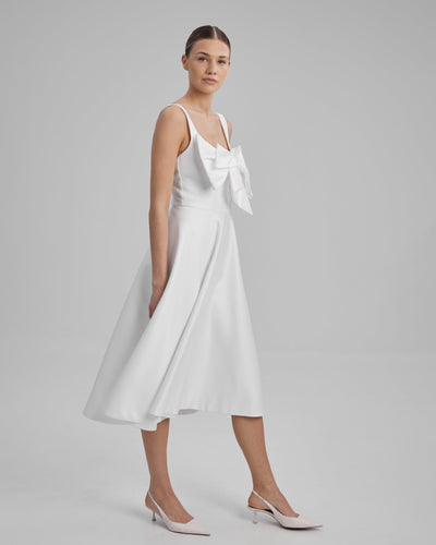 RUBY DRESS + SMALL BOW | square neckline A line midi in white