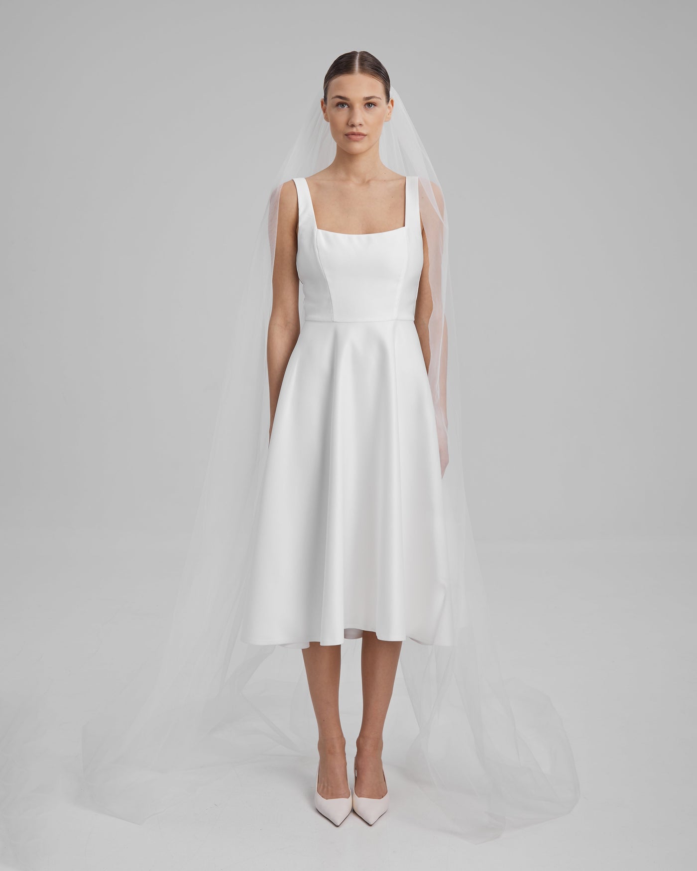 RUBY DRESS | square neckline A line midi in white