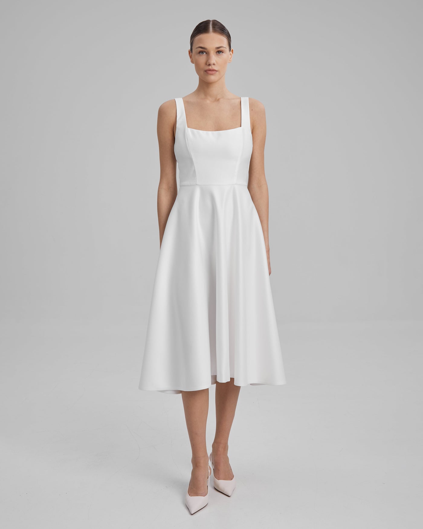 RUBY DRESS | square neckline A line midi in white