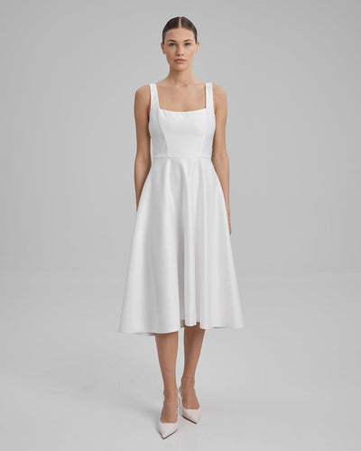 RUBY DRESS | square neckline A line midi in white