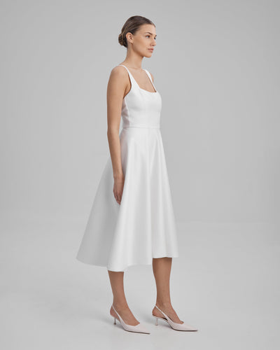 RUBY DRESS | square neckline A line midi in white