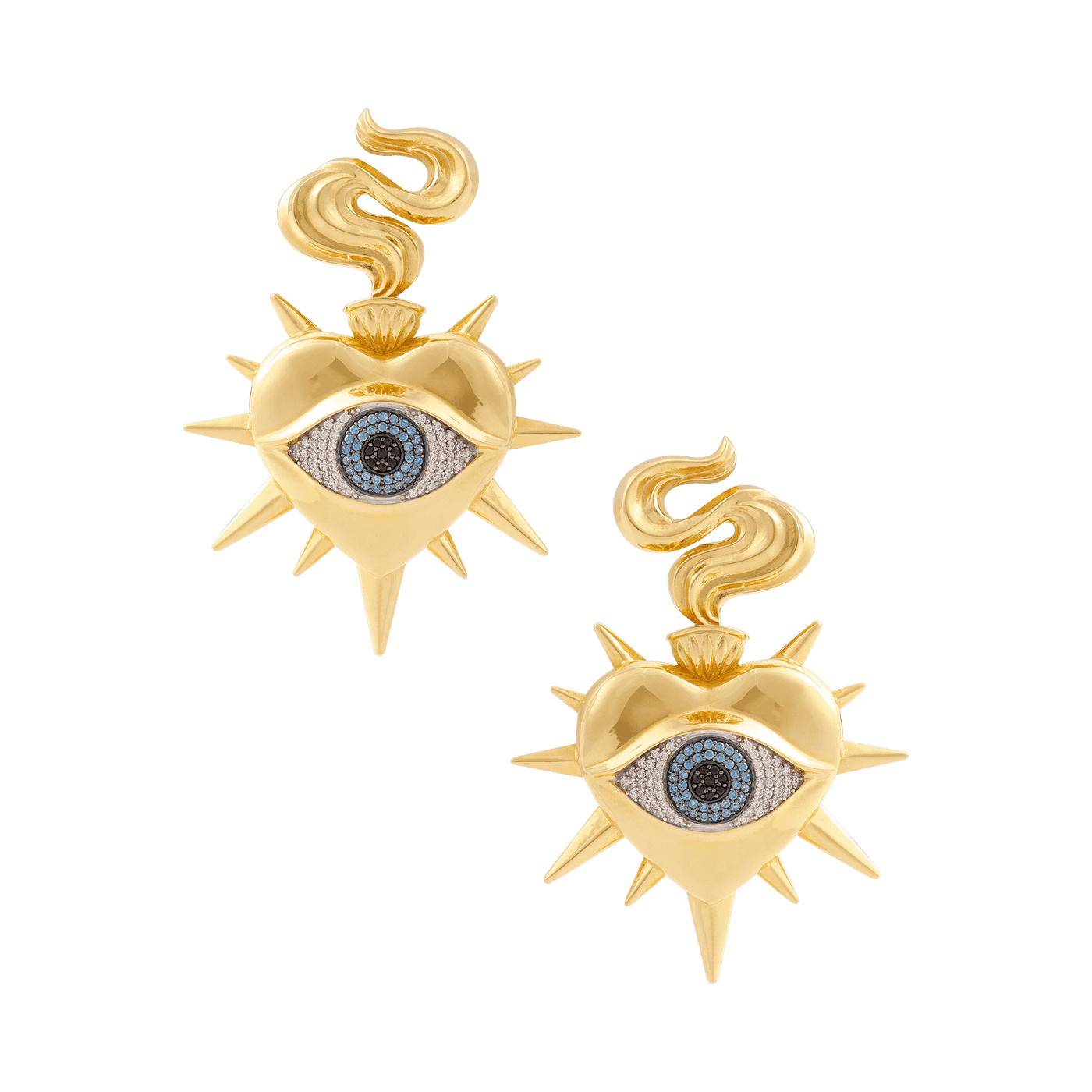 Gold earrings with heart and eye design 