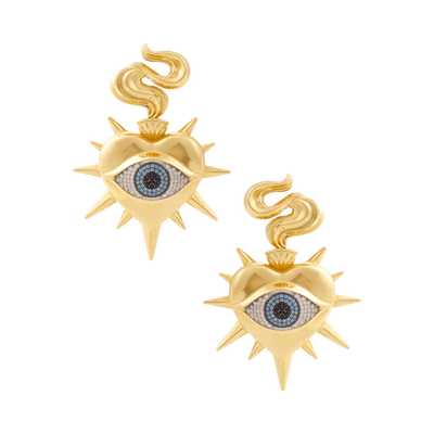 Gold earrings with heart and eye design 