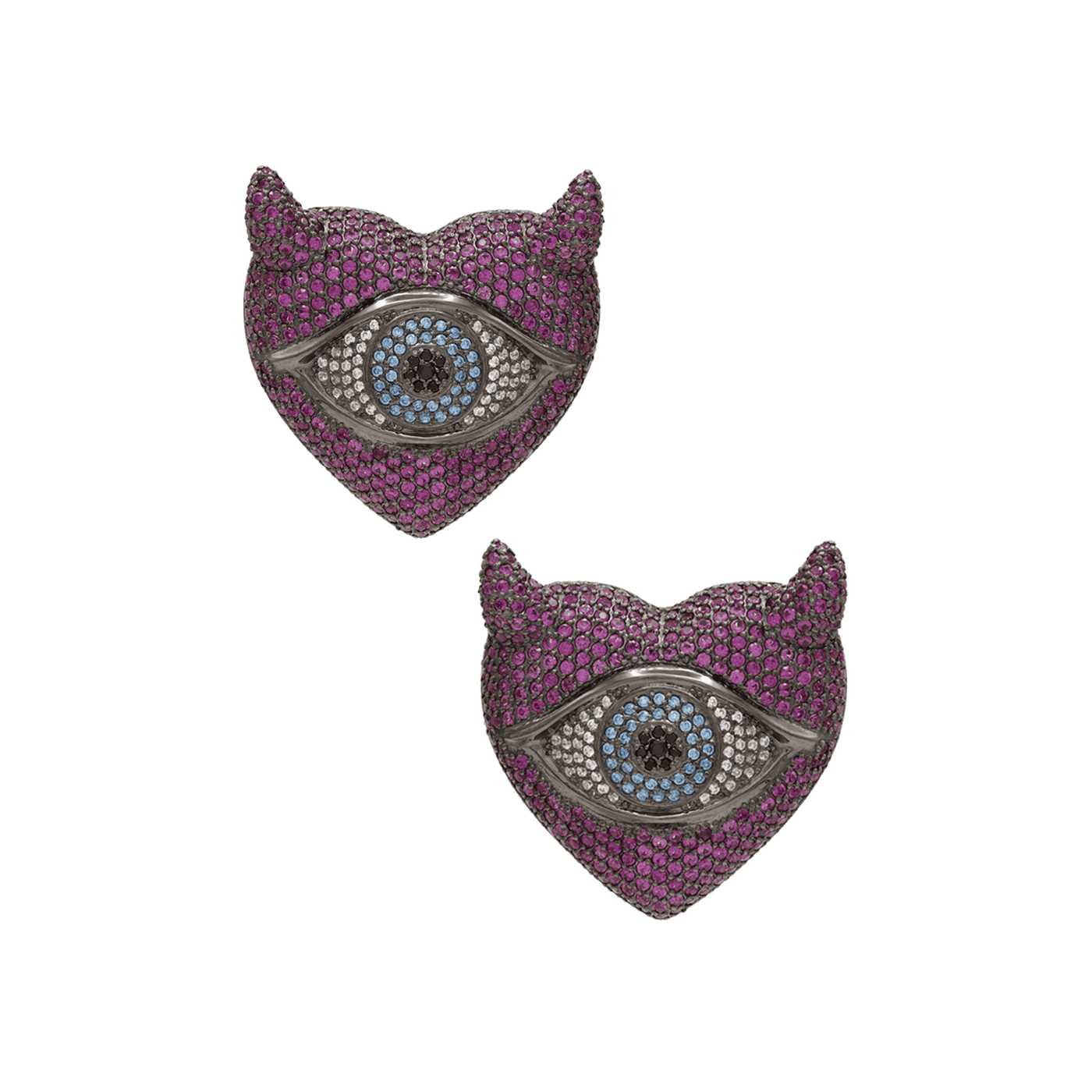 Pair of purple horn-shaped earrings with eye design
