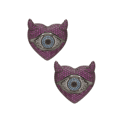 Pair of purple horn-shaped earrings with eye design