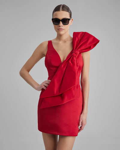 SKY DRESS + SIDE BOW | V neck mini in red