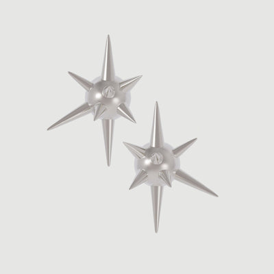 A pair of silver spiked ball earrings with a rhombus-shaped design on each ball.