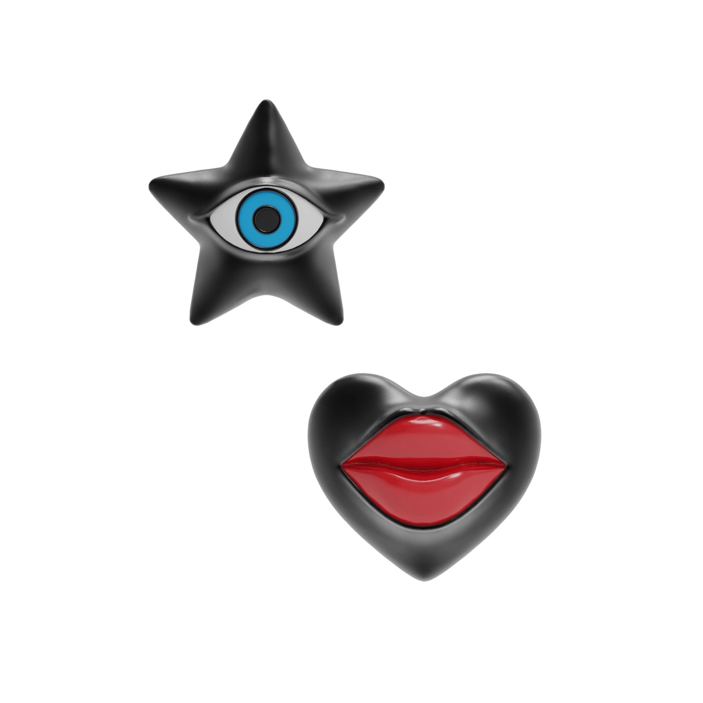 Star-shaped earring with eye design and heart-shaped earring with lips on a dark blue background