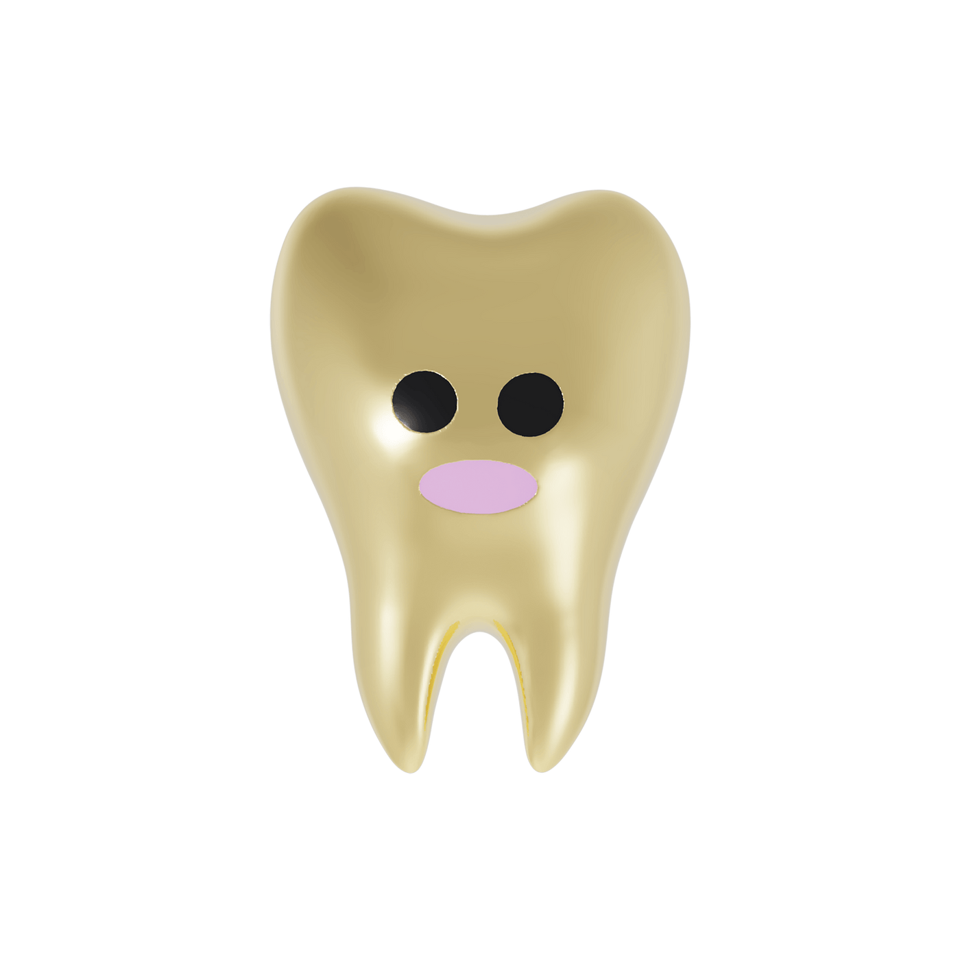 Gold Tooth character earring with black eyes and a pink smile