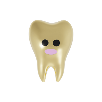 Gold Tooth character earring with black eyes and a pink smile