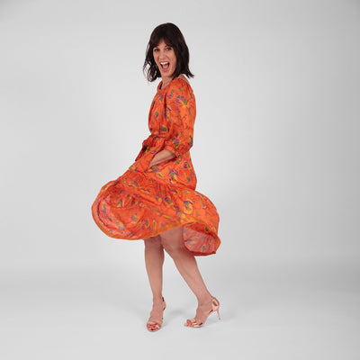 Ausus - Vintage Silk Sari Spritz Orange Abstract Floral Print Maxi Dress