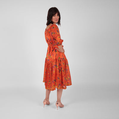 Ausus - Vintage Silk Sari Spritz Orange Abstract Floral Print Maxi Dress