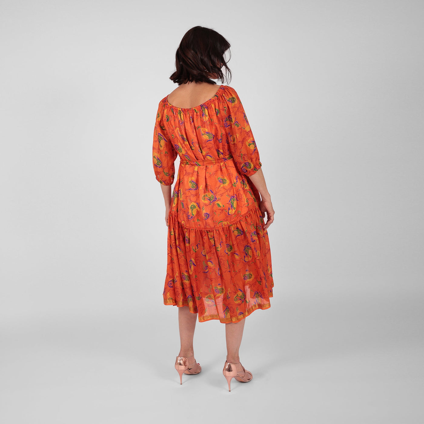 Ausus - Vintage Silk Sari Spritz Orange Abstract Floral Print Maxi Dress